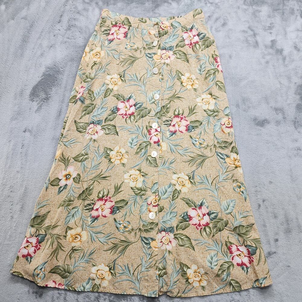 Vintage Lauren Alexandra Collection Skirt Womens 10 Tan Floral Button Front Midi